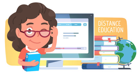 Teacher getting ready to distance education webinar using her desktop pc and some books. Happy smart online coach woman winking at viewer over her glasses. Online education concept vector illustrationのイラスト素材