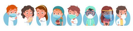 Doctor, nurse, scientist men, women wearing coronavirus personal protective equipment. Medical personnel people in PPE coverall, mask, face shield, goggles, gloves. Flat vector COVID illustration setのイラスト素材