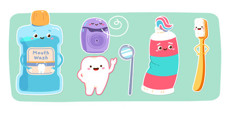 Smiling animated teeth care product cartoon characters set. Mouth wash, toothbrush, toothpaste tube, floss, healthy tooth, dental mirror. Oral hygiene, care, dentistry concept flat vector illustrationのイラスト素材