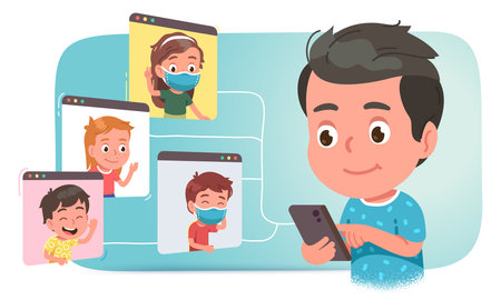 Kid communicating with friends in multiple windows by video call on mobile cell phone. Children people talking online using conference video chat app. Modern communication concept vector illustrationのイラスト素材