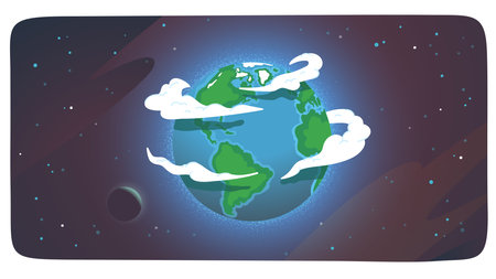 Earth globe with clouds in sky flying through cosmos stars space. Cartoon blue and green Earth planet sphere. Earth life, world geography, environment protection flat vector isolated illustrationのイラスト素材