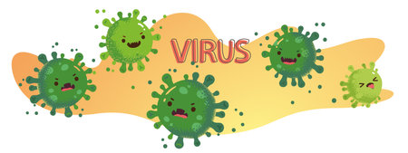Cartoon corona viruses characters group. Cute animated dangerous germs, coronavirus pathogens with funny faces. Health, hygiene, infection, COVID-19 disease pandemic concept flat vector illustrationのイラスト素材