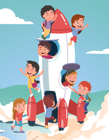 Happy boys, girls kids team playing big toy rocketのイラスト素材