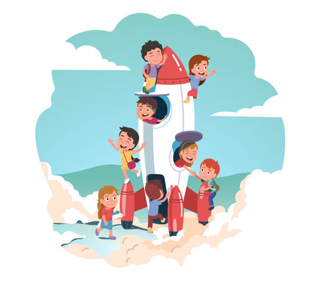 Happy boys, girls kids team playing big toy rocketのイラスト素材