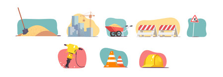 Road, building construction, repair equipment setのイラスト素材