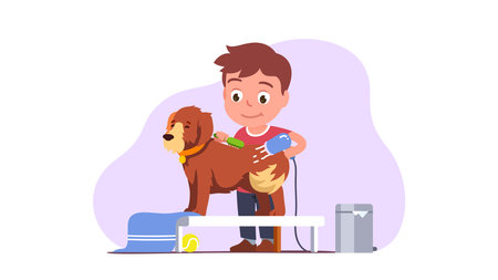 Dog owner, groomer boy kid combing, drying pet furのイラスト素材
