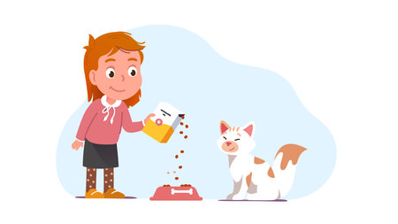 Smiling girl kid feeding her cat pet filling bowlのイラスト素材