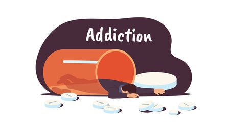 Drug addict. Business man addicted to drugs pillsのイラスト素材