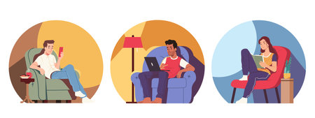 Men, woman reading paper and digital booksのイラスト素材