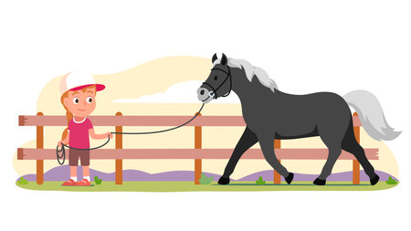 Equestrian girl holding long rope training horseのイラスト素材