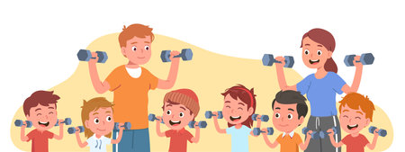 Sport coach man, woman people training kids groupのイラスト素材