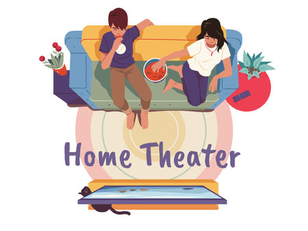 Man woman couple watching TV film sitting on sofaのイラスト素材