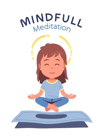 Person meditating mindfull meditation. Girl kid sit in lotus pose levitating with halo nimbus. Deep relaxation feeling, enlightenment concept. Child do yoga technic. Flat vector character illustrationのイラスト素材