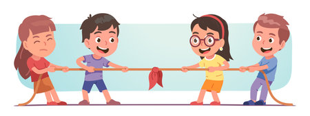 Kids playing tug of war game. Happy girls, boys friends teams pulling rope competition. Children leisure entertainment, fun, teamwork, sports activity. Flat vector kid character illustrationのイラスト素材