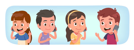 Kids talking on phone. Children talk on cell. Smiling girl, boy calling holding smartphone. Happy people taking call, gesturing, listening communication conversation flat vector character illustrationのイラスト素材