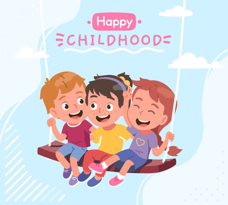 Ilustración de Girls, boys children friends enjoying swinging on swing. Joyful happy kid person friends playing together, entertainment fun leisure activity. Childhood happiness background flat vector illustration - Imagen libre de derechos