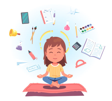 Girl student kid meditating with stationery flying around concept. Schoolgirl child sitting in lotus pose relaxing surrounded by pen, notebook, pencil. Education stress relief flat vector illustrationのイラスト素材