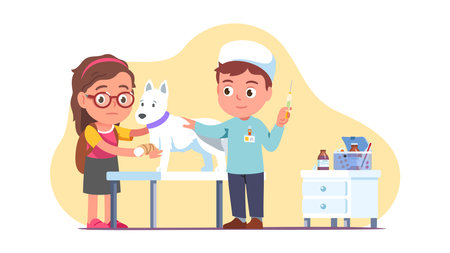 Veterinarian giving medical injection to ill dogのイラスト素材