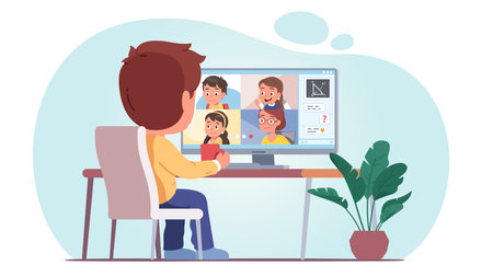 Distant education class group video call and chat. School student boy, girl talking to teacher, classmates at home desk, discussing homework assignment task. Kids conference call vector illustrationのイラスト素材