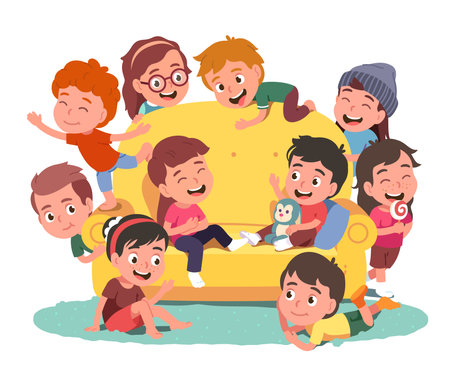 Boy, girl kids group playing together, home partyのイラスト素材
