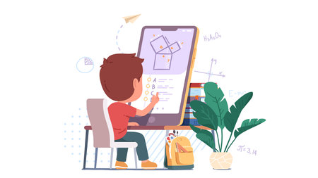 Boy kid student learning online on big smartphoneのイラスト素材