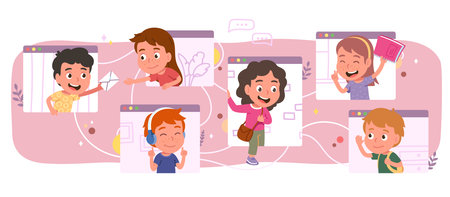 Boys, girls kids social network connection conceptのイラスト素材