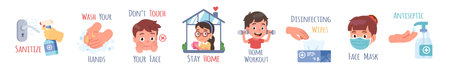 Cute children corona virus prevention measures set. Kids, sanitizer, antiseptic, stay at home, wash hands, wear face mask, home workout, disinfecting wipes, sticker poster. Flat vector illustrationのイラスト素材