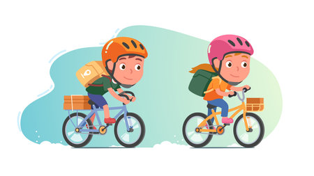 Courier boy, girl delivering orders by bicycleのイラスト素材