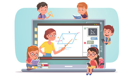 Distant education class concept. Kids watching remote interactive online webinar lesson with chat on laptop computer. Teacher explaining, children students learning remotely. Flat vector illustrationのイラスト素材