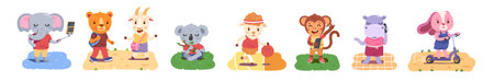 Animal person children characters summer activity set. Funny kids walking, playing basketball, listening music, phone talking, riding scooter, meditating. Youth culture concept flat vector collectionのイラスト素材