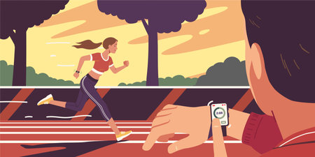 Runner woman running, coach person checking timeのイラスト素材