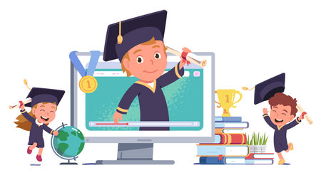 Happy kids celebrating online education graduationのイラスト素材
