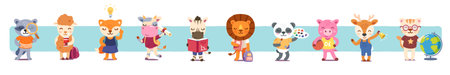 Animal student kids cartoon characters set. Funny fox, panda, lion, cat, zebra, cow, sheep, children elementary students with books, backpacks collection. Education concept flat vector illustrationのイラスト素材