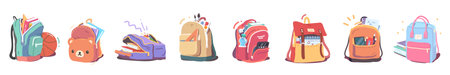 School backpacks set. Cute boys, girls children full schoolbags with books, supplies, textbooks, notebooks, pens, pencils, paints, ruler, calculator. Kids education, study flat vector illustrationのイラスト素材