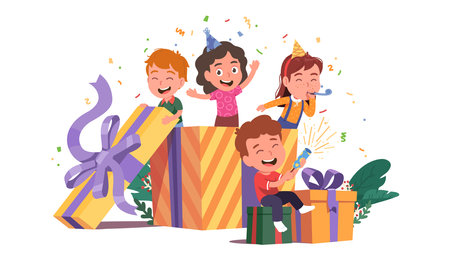 Happy girls boys kids friends celebrating birthdayのイラスト素材