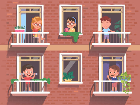 People looking out of city apartment building windows in morning greeting neighbours. Girls, boys children standing on home balconies. Kid having leisure, communicating. Neighbourhood illustrationのイラスト素材