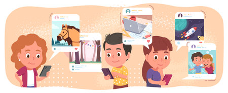 Boys, girls kids communicating on social networkのイラスト素材