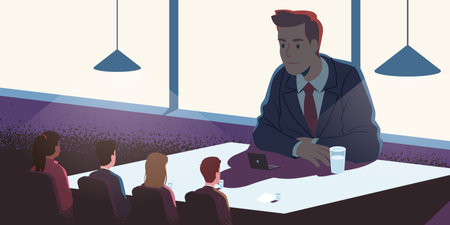 Big boss looking down on job candidatesのイラスト素材