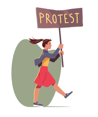 Angry feminist protester woman walking carrying placard on demonstration. Female activist person character protesting against rights violation. Feminism protest, woman power flat vector illustrationのイラスト素材