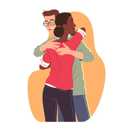 Happy Caucasian man, African American woman multiracial couple in love or friends embracing. Family persons hugging meeting together. Romance, relationships, friendship flat vector illustrationのイラスト素材
