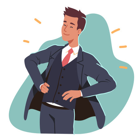 Proud leader business man standing with hands on hips. Confident successful executive manager businessman person character having career achievement. Leadership, win concept flat vector illustrationのイラスト素材