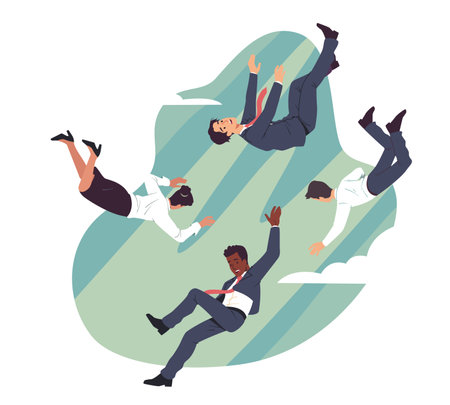 Business men, woman colleague team persons falling down from sky together during financial bankruptcy crisis. Entrepreneurship problem, venture or investment failure concept flat vector illustrationのイラスト素材