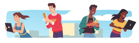 Women, men using mobile cell phones, laptop, tablet computer in city. Smiling persons surfing on Internet, communicating online. Gadget addiction, communication technology flat vector illustrationのイラスト素材