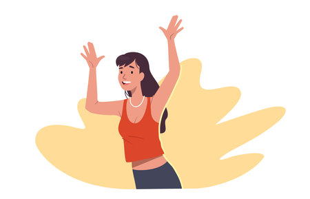 Cheerful young woman celebrating success raising hands happily. Smiling girl person cartoon character in casual clothes with positive facial expression, open arms. Happiness flat vector illustrationのイラスト素材