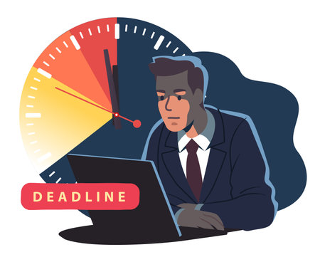 Stressed business man employee working late on laptop computer. Tired worker person overwork with midnight on clock. Deadline countdown stress, time crunch, overload concept flat vector illustrationのイラスト素材