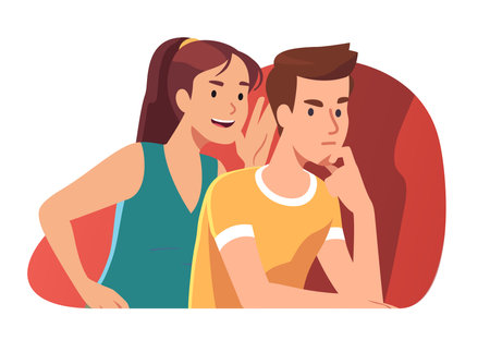 Woman covering mouth whispering telling news sharing secret with suspicious friend man listening. Young persons gossiping, discussing rumors. Friendship, communication privacy flat vector illustrationのイラスト素材