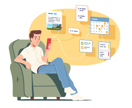 Man using calendar, messenger, social media applications on mobile cell phone. Person sitting on armchair texting messages in chat apps on smartphone. Communication concept flat vector illustrationのイラスト素材