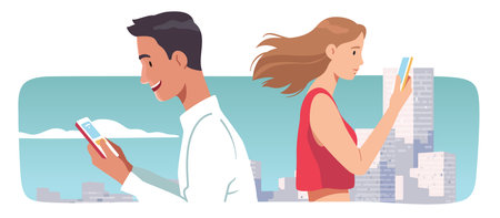 Woman, man using mobile cell phones in city. Young person characters holding smartphones surfing on Internet, communicating online. Technology, gadget addiction, communication flat vector illustrationのイラスト素材