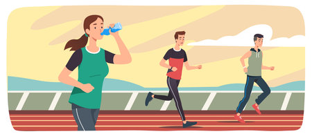People running on a track. Woman drinking water on run, hydrating during workout. Sportsman runners exercising together. Athletes jogging, completing daily routine training. Flat vector illustrationのイラスト素材