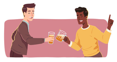 Cheerful men drinking alcohol drinks clinking glasses having party. Joyful excited friend person cartoon characters celebrating holiday event together. Celebration fun flat vector illustrationのイラスト素材
